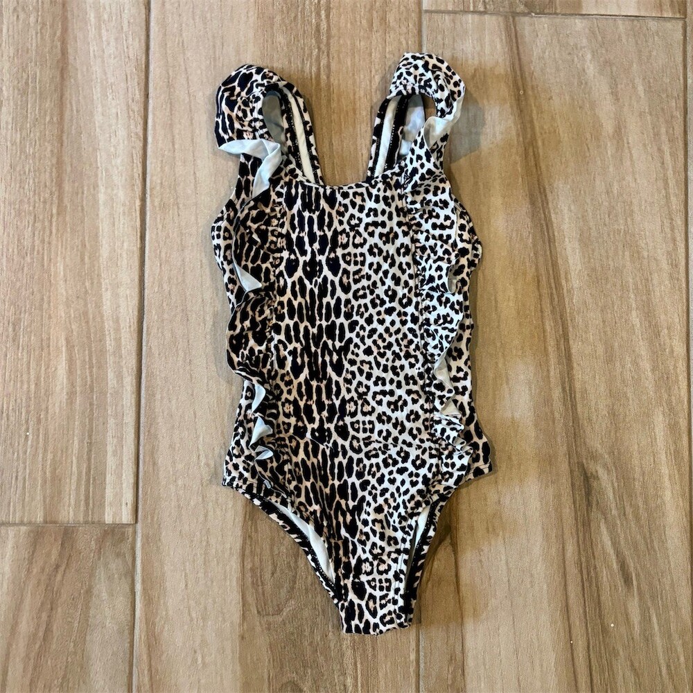 GB Girls One Piece Swimsuit Size 5 Leopard Print Ruffle Sides Multicolor